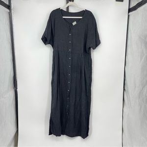 Tom Tom California black 100% linen long button front sun dress short sleeve L